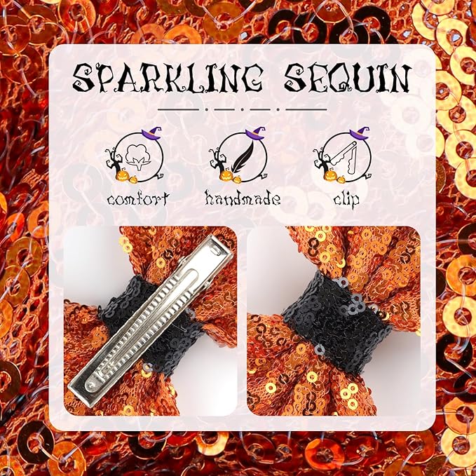 Halloween Hair Bows Clips for Girls Sequins Large Bows Alligator Hair Clip for Bows Hair Accessories Bows with Clip for Women Kids Toddlers Teens Orange