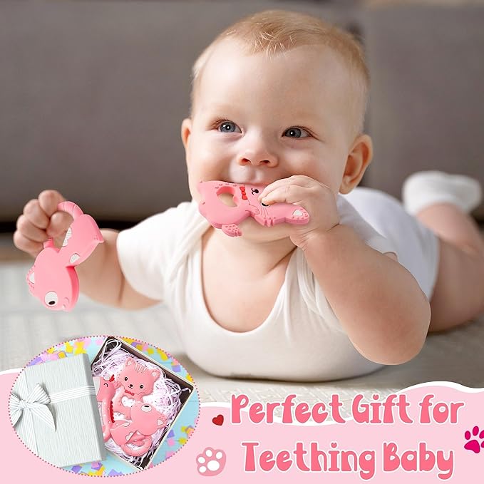 Valentine Silicone Teether for Babies - 2ooya 3Pcs Pink Cat Fox Giraffe Infant Teething Chew Toys, Easy to Grasp Toddler Sore Gums Pain Relief Toy for Newborn Boy Girl Baby Shower Valentine's Day Gift