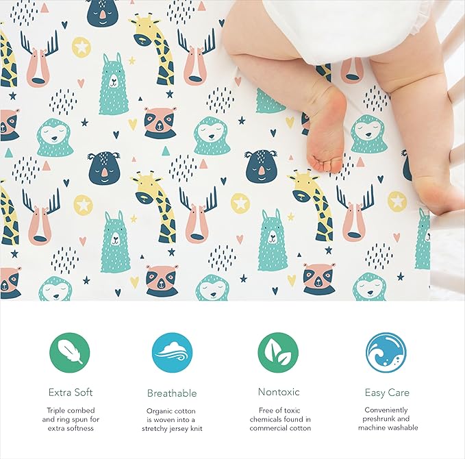100% Organic Cotton Fitted Sheets Fit and are Compatible with Graco Pack n Play, Babyletto, Pamo Babe, Hiccapop, Dream on Me, Evenflo, Baby Trend Portable/Mini Crib/Playards. 2 Pk