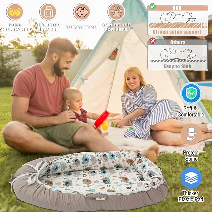 Baby Lounger - Baby Lounger for Newborn, 0-24 Months, Reversible Adjustable Newborn Lounger Baby Nest for Home and Travel, 100% Organic Cotton Washable Infant Lounger Cover, Essential Baby Gift (Grey)