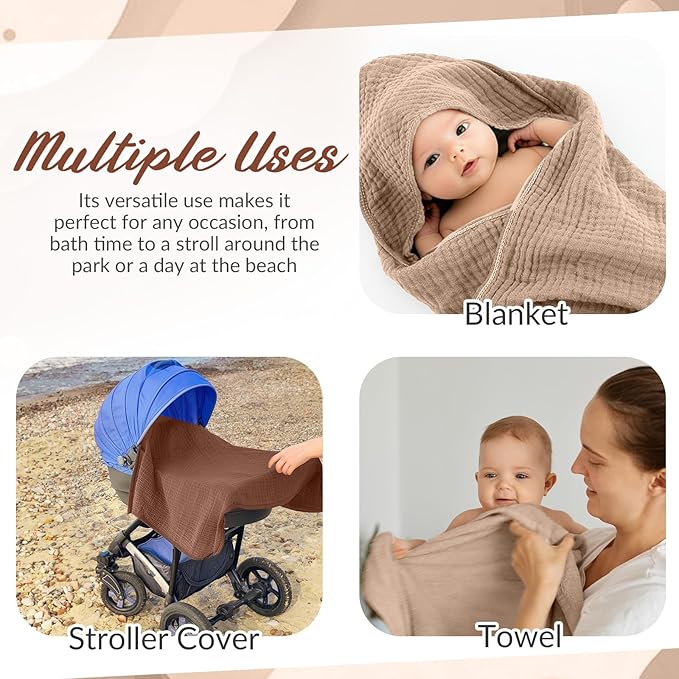 Hahafelt 6 Pcs Muslin Hooded Bath Towels Washcloths and Bibs Set, Muslin Cotton Baby Towels Absorbent Hooded Blanket Towel Infant Bibs for Boys Girls Newborn Infant Essential(Dark Brown, Khaki)
