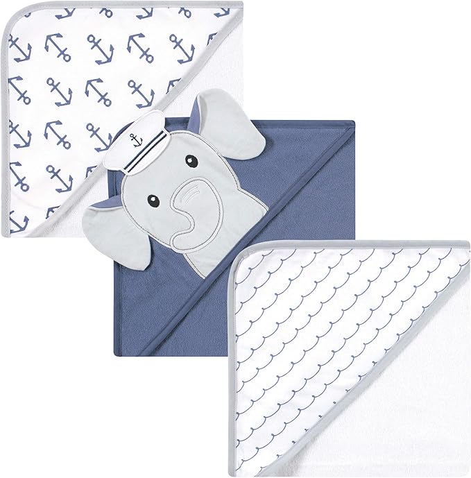 Hudson Baby Unisex Baby Cotton Rich Hooded Towels, Sailor Elephant, One Size