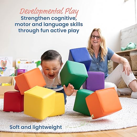 ECR4Kids SoftZone Patchwork Toddler Blocks, Foam Cubes, Assorted, 12-Piece