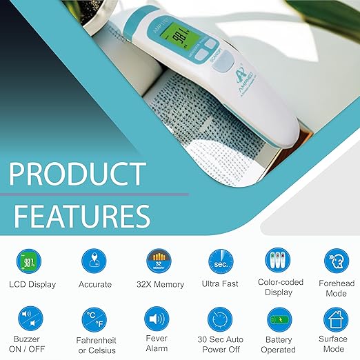 Amplim Non-Contact Forehead Thermometer & Case for Adults, Kids, Baby, FDA Cleared, Medical Grade, Touchless Infrared, 1-Sec Reading, Fever Alarm, Memory Recall, Quiet Mode, White