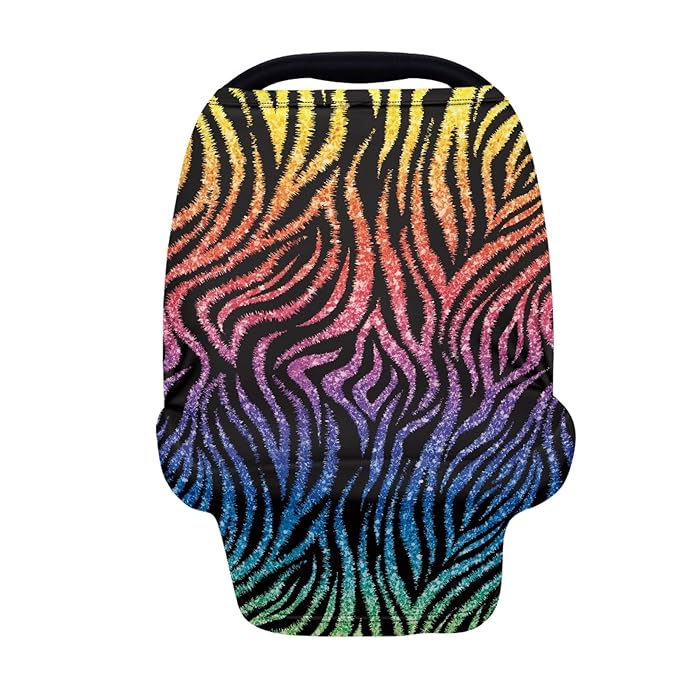 Coldinair Rainbow Zebra Print Car Seat Cover for Babies Boys Girls,Soft Stretchy Nursing Cover,Breathable Infant Carseat Canopy,Shopping Cart/High Chair/Stroller Covers