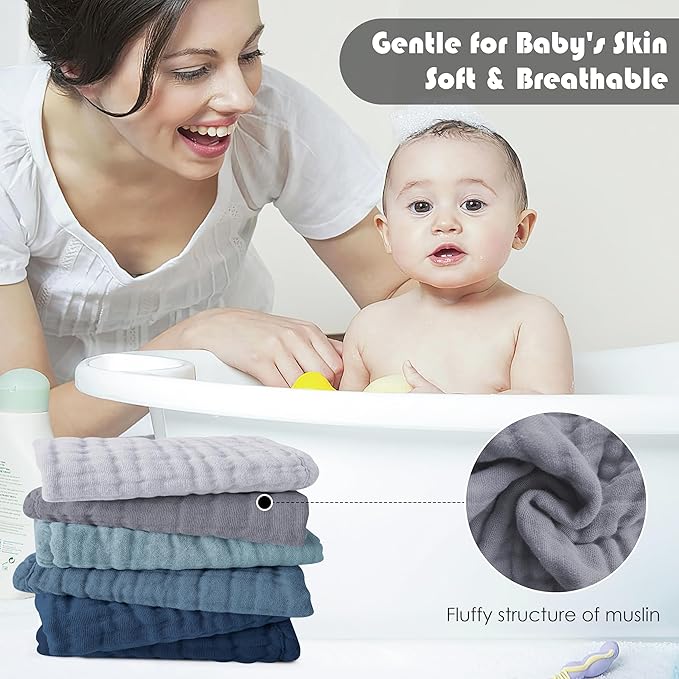 Ease Cubs 12 Pack Muslin Washcloths for Baby - 100% Cotton Baby Wash Cloths for or Baby Face Body Comfy and Soft for Newborn Infants Kids Girls and Boys - 12"x12" - Slate, Grey and Navy Series
