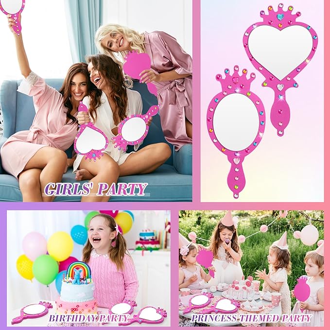 Geetery 20 Pcs Unbreakable Kids Mirror DIY Decorate Your Own Princess Mirror Mermaid Princess Foam Small Crafts for Princess Party Decorations(Pink)