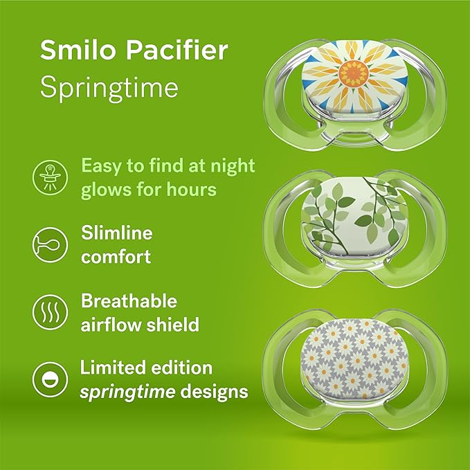 Smilo Baby Pacifier - 3 Pack of Slimline Pacifiers for Babies - Stage 3 for Babies 9+ Months - 100% Silicone Pacifier and BPA Free - Glow in The Dark - Spring Sunflower Edition