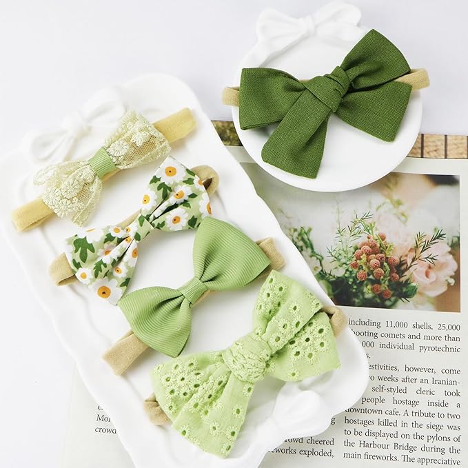 Baby Bow Headband Nylon Hairbands Stretchy Baby Hairbands Hair Accessories for Newborn Infant Toddlers Kids (5, Green)