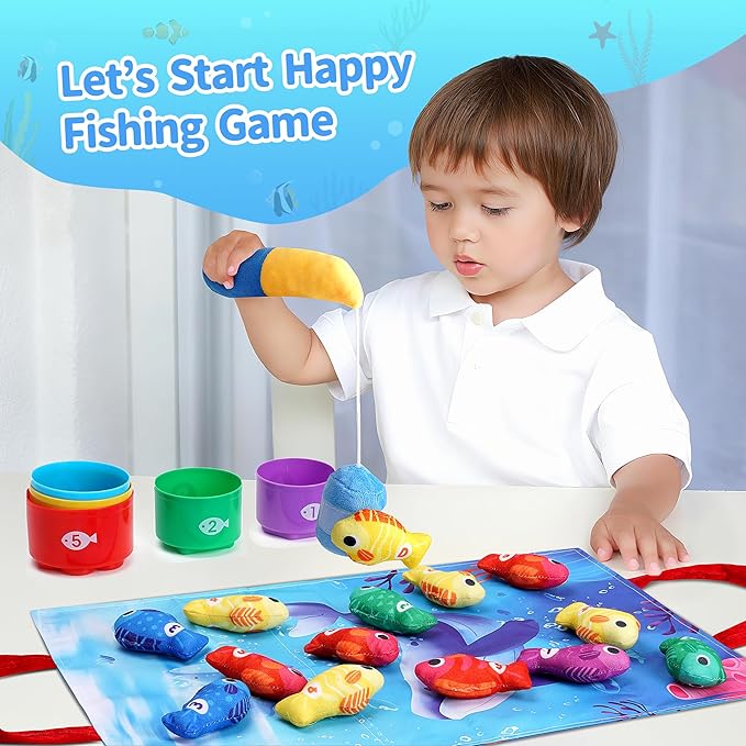 Toys for 1 Year Old Girl Boy, 1st First Birthday Gir Boy Gifts, Montessori Baby Toys 12-18 Months, Cloth Fishing with Stacking Cups, Toddler Learning Toy 1 2 Year Old