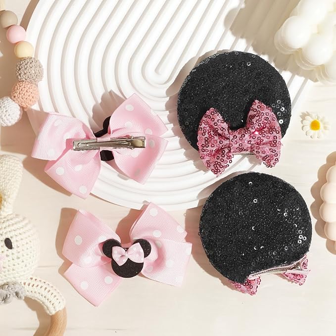 2 Pairs Pink Mouse Ears Hair Clips & Mouse Hair Bows Barrettes for baby Girls Accessories Birthday Party Decorations Gift