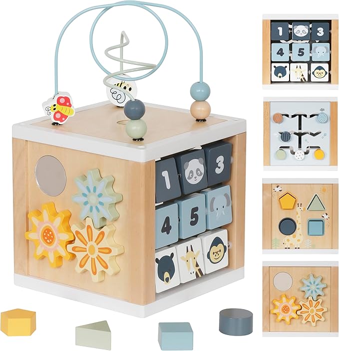 touch us Wooden Activity Cube, 6-in-1 Montessori Toys for 1+ Year Old Boys & Girls, Educational Learning Toys for 1 2 3 Year Old Baby|Bead Maze|Shape Sorter|Mirror|Gear