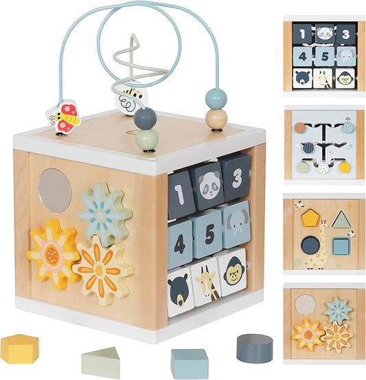 touch us Wooden Activity Cube, 6-in-1 Montessori Toys for 1+ Year Old Boys & Girls, Educational Learning Toys for 1 2 3 Year Old Baby|Bead Maze|Shape Sorter|Mirror|Gear