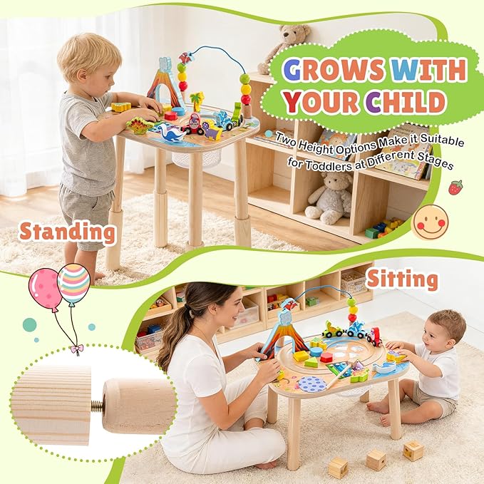 Activity Table for 1 Year Old with Two Height Levels,Wooden Sensory Play Table for Toddlers 1-3,8 in 1 Montessori Learning Toy with Bead Maze, Shape Sorter,Train,Gift for Baby Boys Girls (Dinosaur)