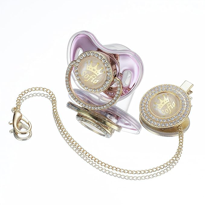 Sparkling Bling Custom Baby Pacifiers and Clips/Holder Kit with Name Personalized with Rhinestones for Boy and Girl Baby Shower (Gold)