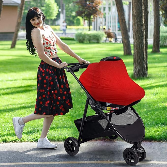 Moudou Red Solid Color Baby Car Seat Cover, Soft Stretchy Infant Carseat Canopy Cover Newborn Nursing Breastfeeding Cover for Stroller, High Chair, Shopping Cart