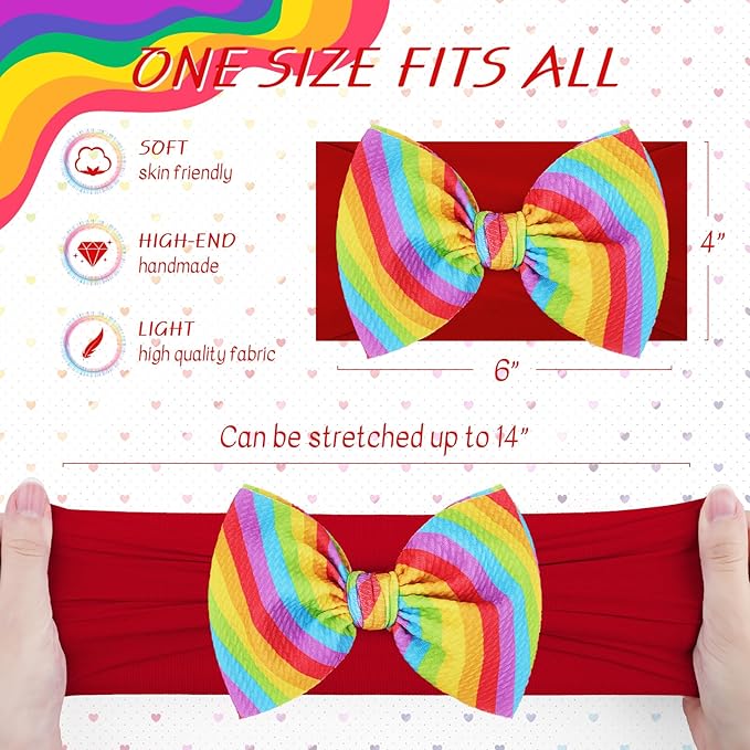 Toddler Hair Bows Gay Pride Hair Accessories, 2 Pcs 6 inches Rainbow Newborn Headbands Big Bows for Infant Girl - Rainbow Diagonal Stripe & Rainbow Stripe with White Heart Patterns