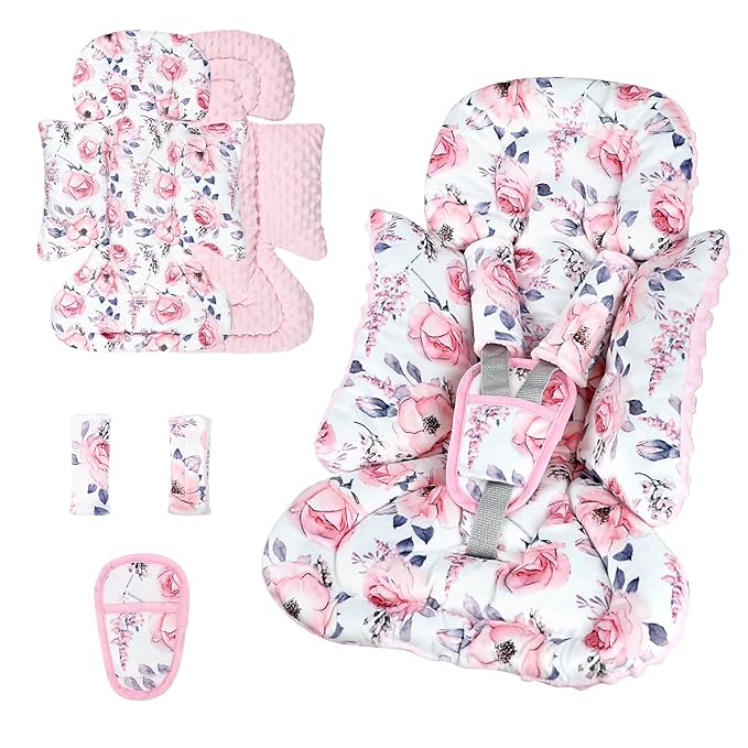 SWESEN Infant Car Seat Insert with 3 Strap Covers Set, Car Seat Head Support Baby for Girls, Soft 3 in 1 Baby Car Seat Cushion for Strollers, Bouncers, Swing, Floral