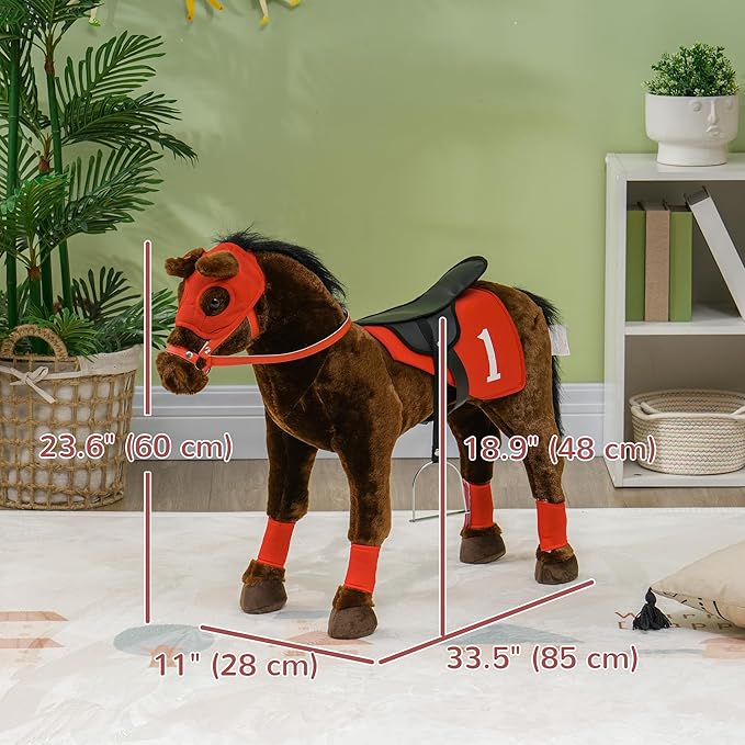 Qaba Ride on Horse for Kids 3-8 Years Old, Toddlers Riding Horse with Neighing Sound, Ride on Animal Pony Toy with Saddle & Stirrups, Brown