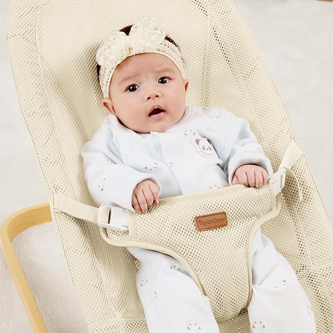 Foldable Baby Bouncer, Baby Bouncer Seat with 3 Adjustable Heights, Portable Newborn Rocker, Ergonomic Bouncer Seat for Natural Bounce, Bouncer for Babies 0-6 Months, Breathable Mesh (Beige)