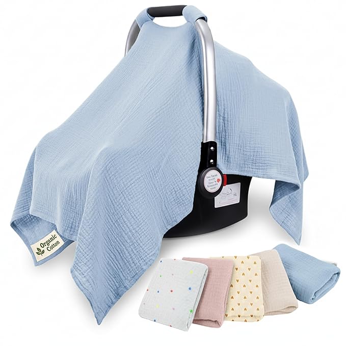 100% Organic Muslin Cotton Car Seat Cover 35 x 50 Inches Soft Touch Breathable Canopy, Protective Car Seat Cover Baby All Seasons Lightweight Car Seat Cover Travel Comfort (Blue)