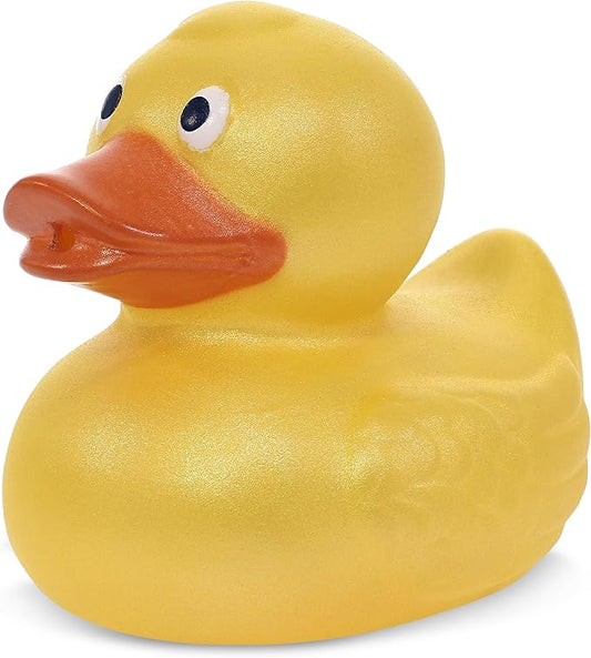 DolliBu Metallic Yellow Duck Bath Buddy Squirter - Floating Yellow Duck Rubber Bath Toy, Fun Water Squirting Bath Time Play for Toddlers, Animal Toy for Bathtub, Beach, and Pool for Girls and Boys