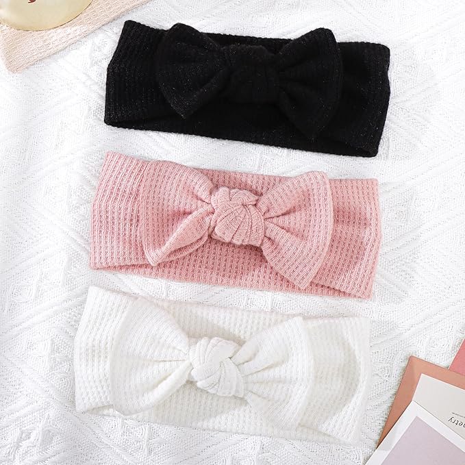 3Pcs Baby Girls 4" Hairband with Bows, Soft Headwraps Hair Accessories for Infant Toddler, 1 Count (Pack of 3), Black/White/Pink