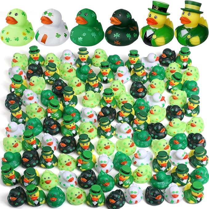 Jerify 72 Pcs St. Patrick's Day Rubber Ducks 6 Styles Shamrock Ducks for Bath Pool Birthday Irish St. Patrick's Day Gifts for Party Favors Accessories Holiday