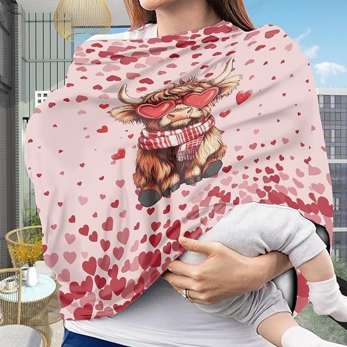 Wanyint Stretchy Baby Car Seat Cover Nursing Breastfeeding Shopping Cart High Chair Stroller Covers Infinity Scarf Car Seat Canopies for Valentine's Day, Highland Cow Heart Pink