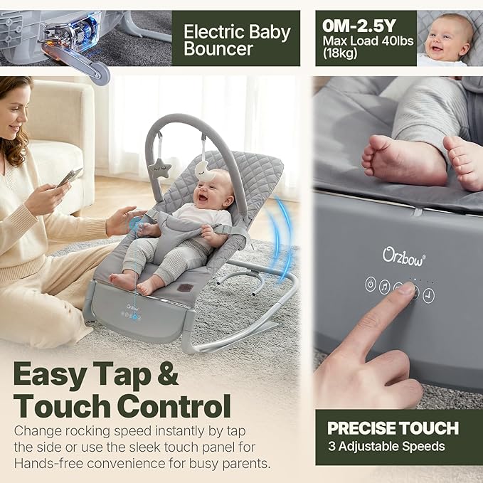 Orzbow Electric Baby Bouncer & Rocker with Innovative Auto Rocking Motion, Adaptable 3-Speed, Smart Tap Sensing, Soothing Sounds, and 3 Recline Positions, 2-in-1 Automatic Baby Rocker Chair, Grey