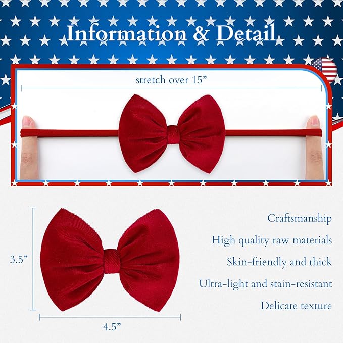 YanJie Hairband, 4th of July Baby Girl Bows Headband, Premium Soft Velvet & Nylon Fabric in Red, White, Blue, Handmade, One Size fits all, Ideal Gift for Baby Girls, 2 Pieces