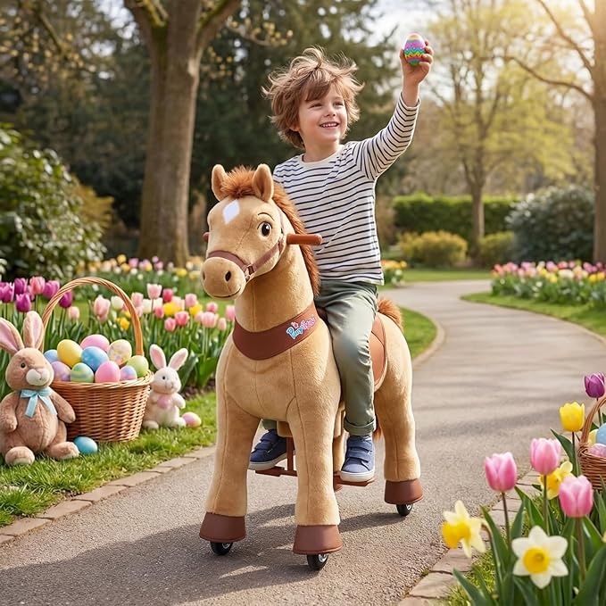 PonyCycle Horse Ride on Pony Toys Riding Horses Rocking Horse Walking Essential Model E (with Brake/ 35.4" Height/Size 4 for Age 4-7) Boys and Girls Gifts Ride on Horse with Wheels Light Brown E436