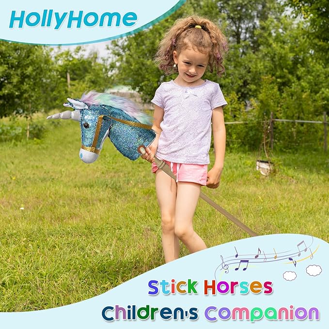 HollyHOME Sequin Unicorn Stick Horse Handcrafted Hobby Horse on a Stick with Wood Wheels Real Pony Neighing and Galloping Sounds Plush Unicorn Toy Blue 36 Inches(AA Batteries Required)