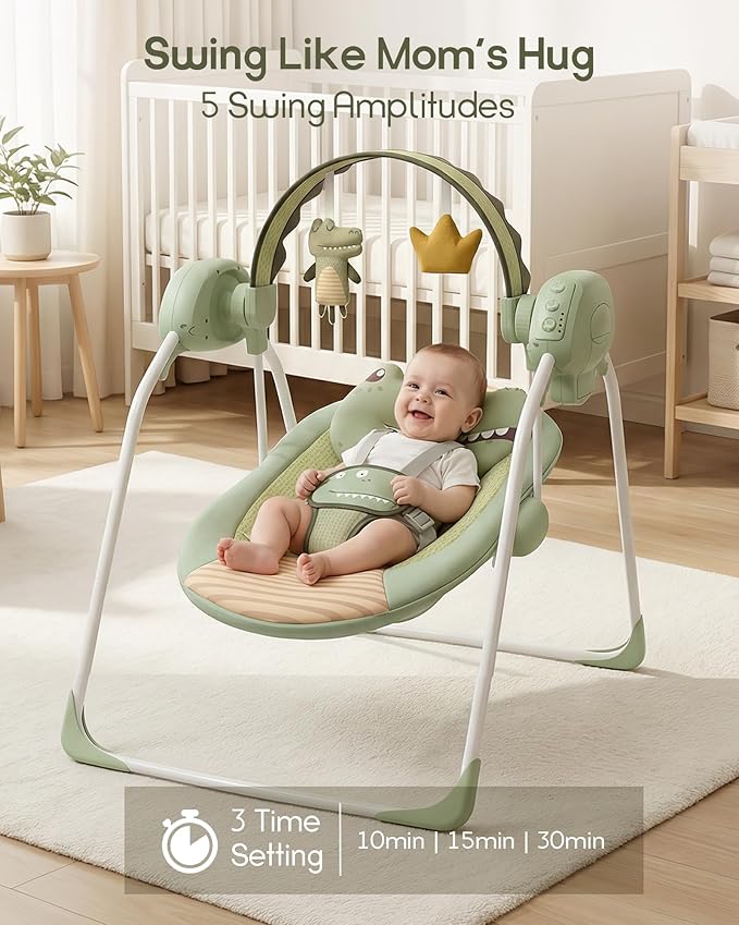 Baby Swings for Infants, Portable Baby Swing with Adaptable Speed, Music and Timer, Infant Swing for Babies 0-9 Months 6-20 lbs, Indoor/Outdoor Use