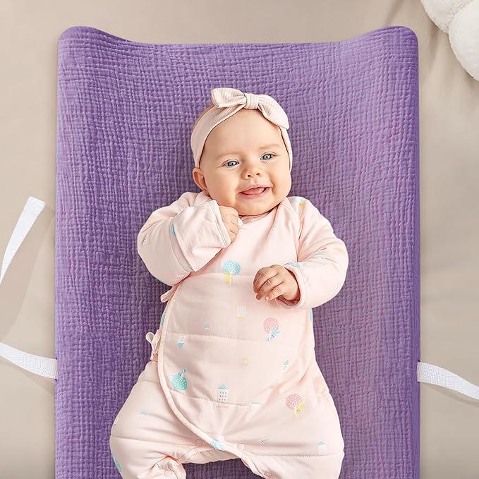 Pro Goleem Muslin Changing Pad Cover for Girls, Soft Breathable Fitted Cotton Diaper Changing Table Pad Sheets, 2 Pack (Pink＆Purple)