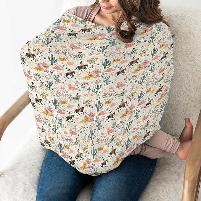 Vintage Western Cowgirl Baby Car Seat Covers Retro Cowgirl Horse Cactus Stretchy 5-in-1 Cover Adjustable Infant Carseat Canopy Cover Wild Desert Country Breathable Nursing Cover-Up