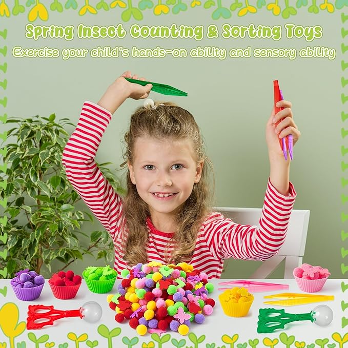 EZdhuawuse Spring Insects Sensory Bin Fillers Toys - Spring Easter Gift 268 Color Counting Sorting Fine Motor Toys Set for Kids, Felt Dragonfly Butterfly Pom Poms Cups Clips for Preschool Education