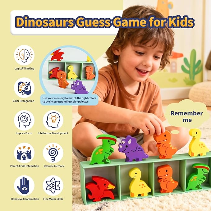ZRRHOO Dinosaur Toys, Color Stack Game Toy, Fun Family Game for Kids, Board Wooden Educational Memory Toy, Montessori Toy for 3 Year Old Kids and Adults, Birthday Gift, Party Game for Girls & Boys