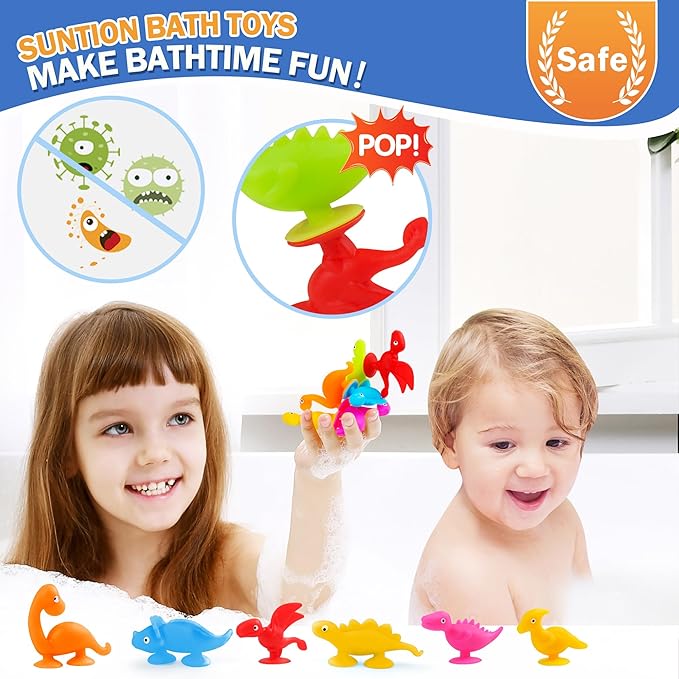 Baby Suction Cups, 16PCS Silicone Dinosaur Sucker Toys with Eggshell Storage, Sensory Bath Toys for Kids Ages 4-8, Counting Learning Color Tool, Window Toy, Easter Egg Gifts for Boys Girls Ages 3+