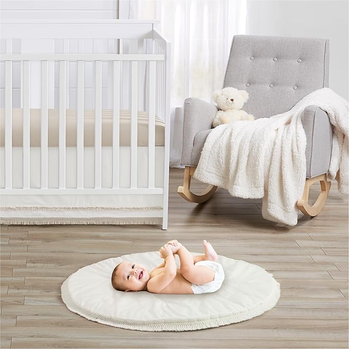 Sweet Jojo Designs Ivory Boho Chic Sun Boy Girl Baby Play Mat Tummy Time Activity Infant Playmat Playpen Tent Teepee Floor Cotton Bohemian Farmhouse Shabby Nature Gender Neutral Beige Tufted Fringe