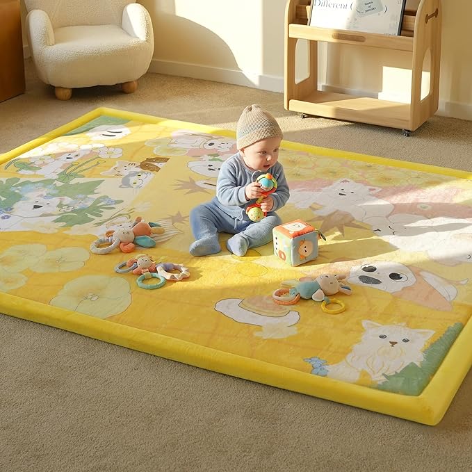1.5" Thick Educational Baby Floor Play Mat 59x79, Flannel Padded Memory Foam Kids Mat, Non-Slip Plush Playmat for Nursery Playroom Classroom (Dog)