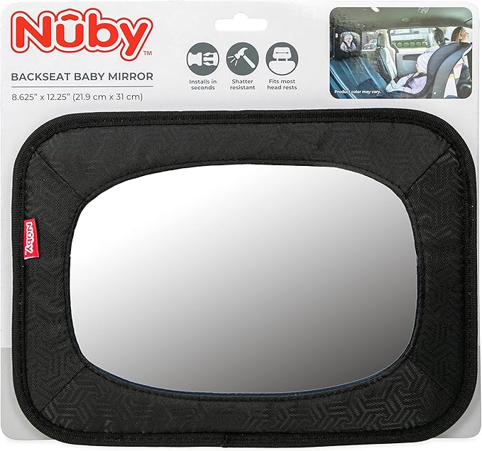 Nuby Backseat Baby Mirror with Fully Adjustable Straps, Shatter Resistant, Installs in Seconds, Black