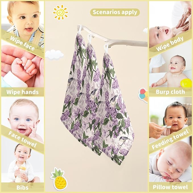 vvfelixl Baby Muslin Washcloths Bloom Lilac Magno Baby Burp Cloths Cotton Babys Face Towel for Newborn Infants Boys Girls Soft and Absorbent 11.8 X 11.8 in, 3 Pack