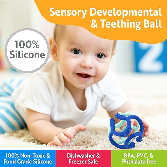 OgoBolli Gummi Teether Ring Textured Sensory Ball Toy for Babies & Toddlers - Stretchy, Soft Non-Toxic Silicone - Boys and Girls Age 6+ Months - Blueberry