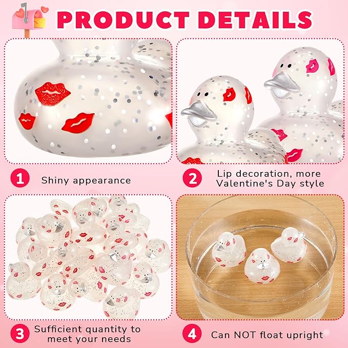 DEEKIN 24 Pcs Valentine Glitter Rubber Ducks 2" Pink Ducks Valentine Party Favors Decorations for Lovers Anniversary Celebration Couples Gift