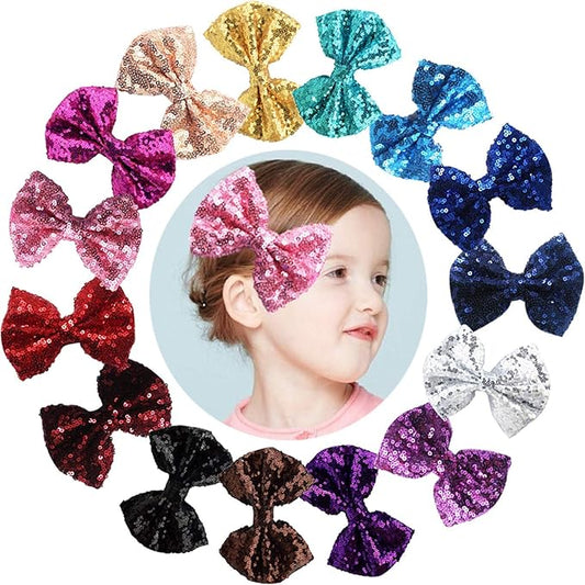 CÉLLOT Party Festival Baby Girls Sparkling Bows Clips 15PCS Glitter Sequins 4" Hair Bows Alligator Hair Clips for Girls Baby Children Toddlers