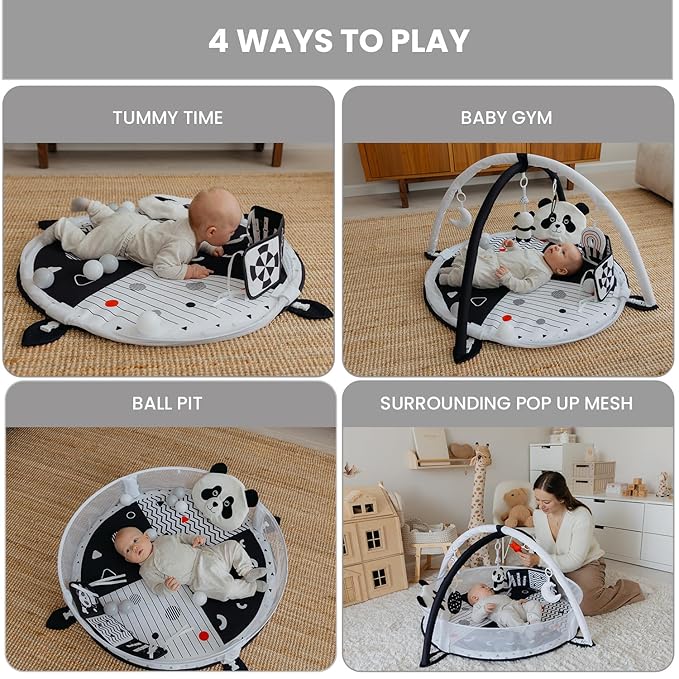 Aila+Aiden 6-in-1 XL Baby Activity Center & Ball Pit, Baby PlayMat & Play Gym, Sensory Exploration and Motor Skill Development Toys, High Contrast Book, Balls Included (Black and White)