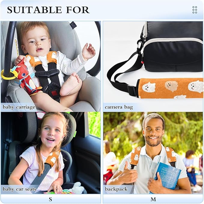 2 Pack Seatbelt Covers Seat Belt Cover Pad for Adults Boys Girls Car Seat Strap Covers Pads Cushion Universal Shoulder Strap Pad Protector for Backpack Camera Bag 6.5 Inch Halloween Ghosts Orange