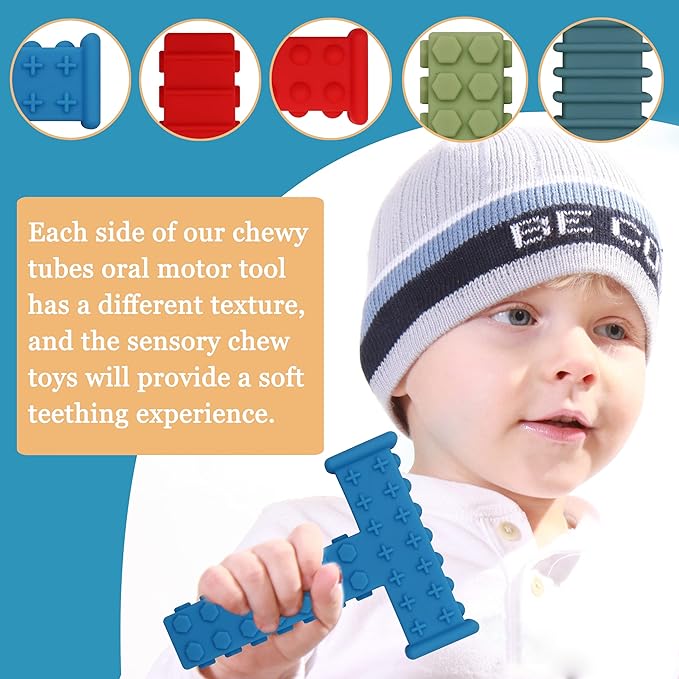 Sensory Chewy Toys for Autistic Children, 5 Pack Chew Sticks for Kids with Autism, ADHD, SPD, Chewies with Special Needs, Silicone Tubes Teething Toys for Babies