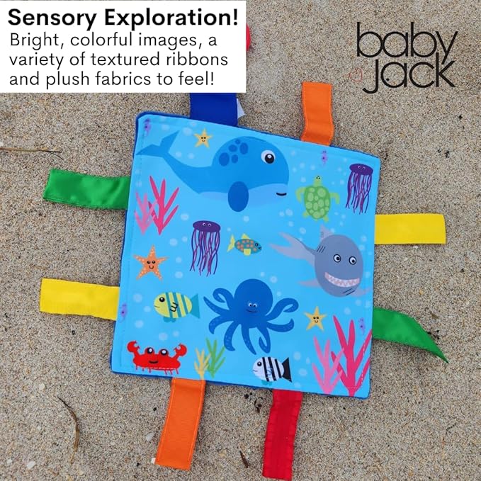Baby Jack & Co 8x8” Ocean Lovey Tag Toys for Babies - Crinkle Toys for Developmental Play - Soft & Safe - Learn Shapes & Colors - Ideal Toy for Tummy Time - BPA Free w/Stroller Clip